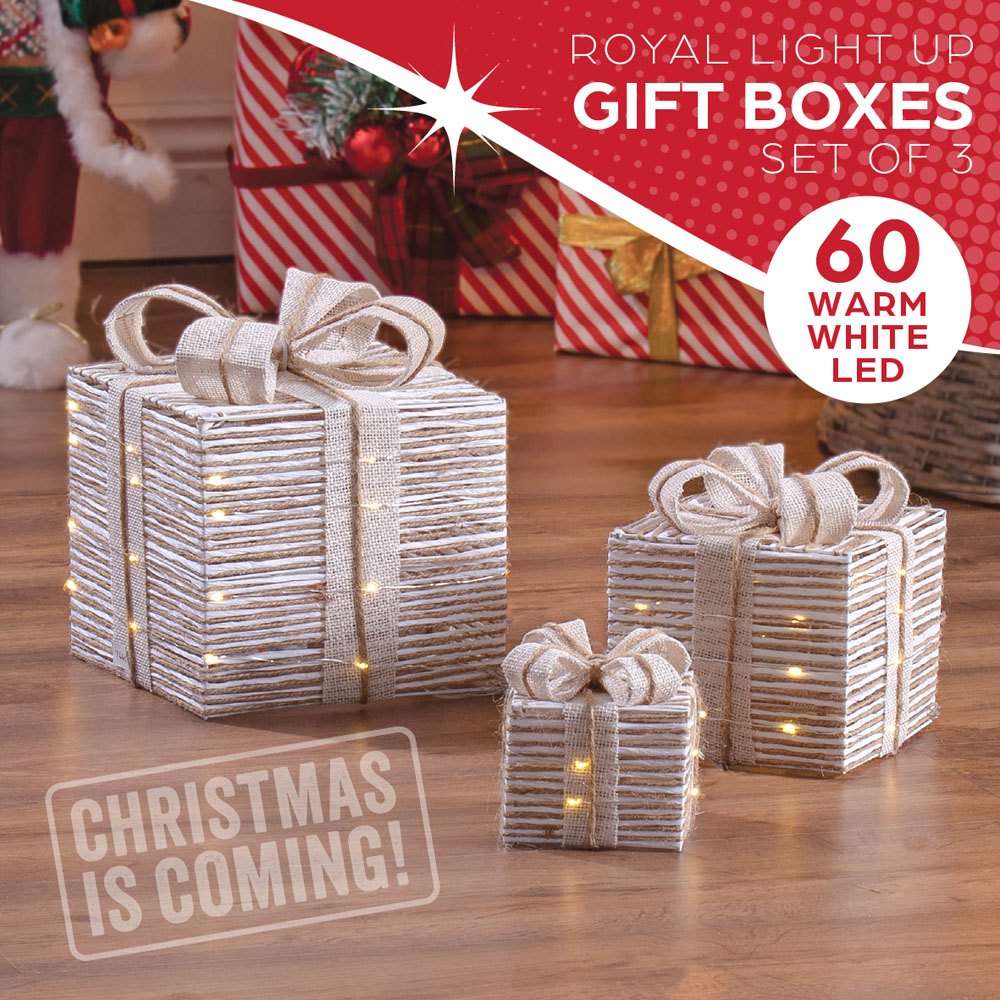 The Christmas Workshop 60 Warm White LED Natural Gift Box Decoration Set of 3 Image 4