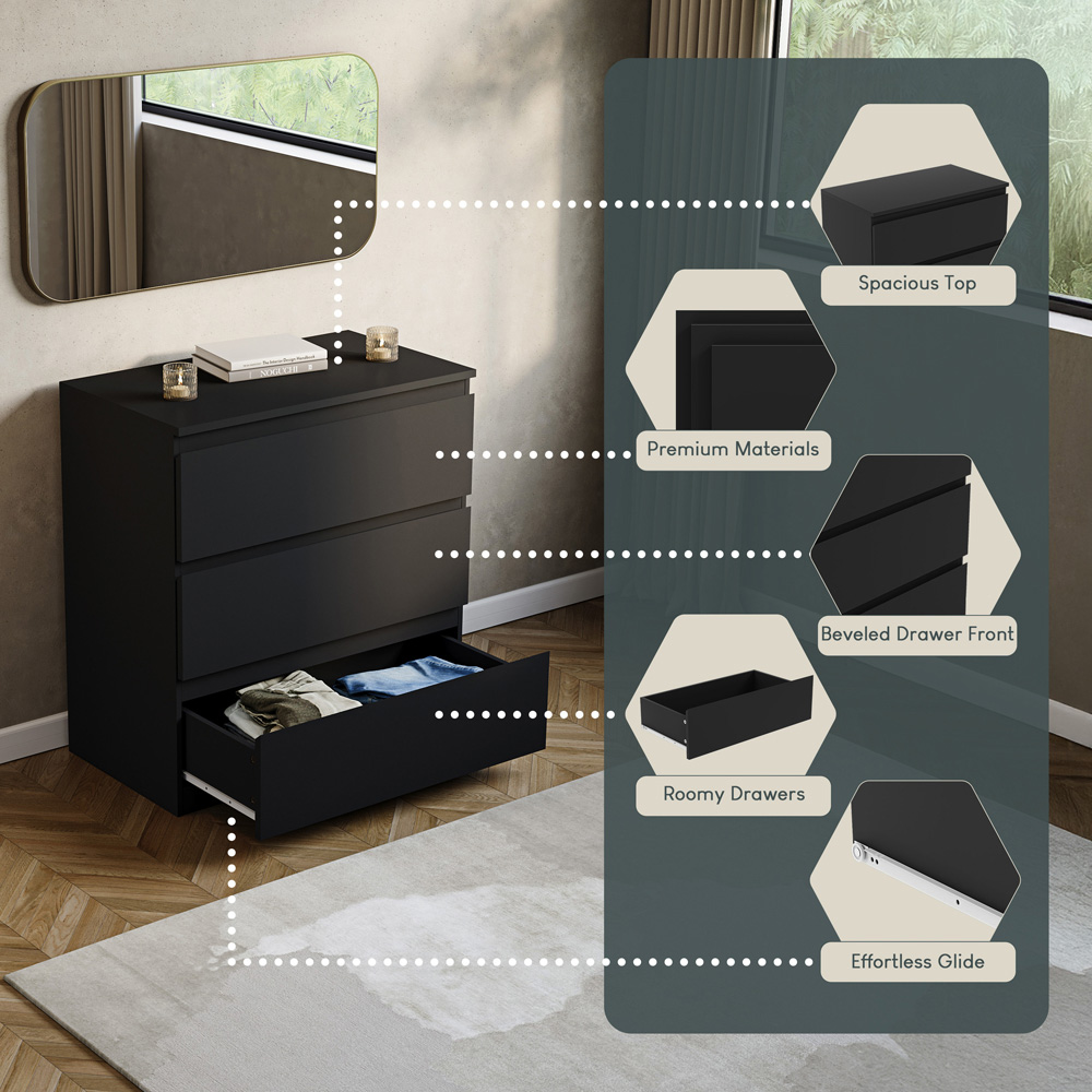 VIDA DESIGNS Denver 3 Drawer Black Chest of Drawers Image 7