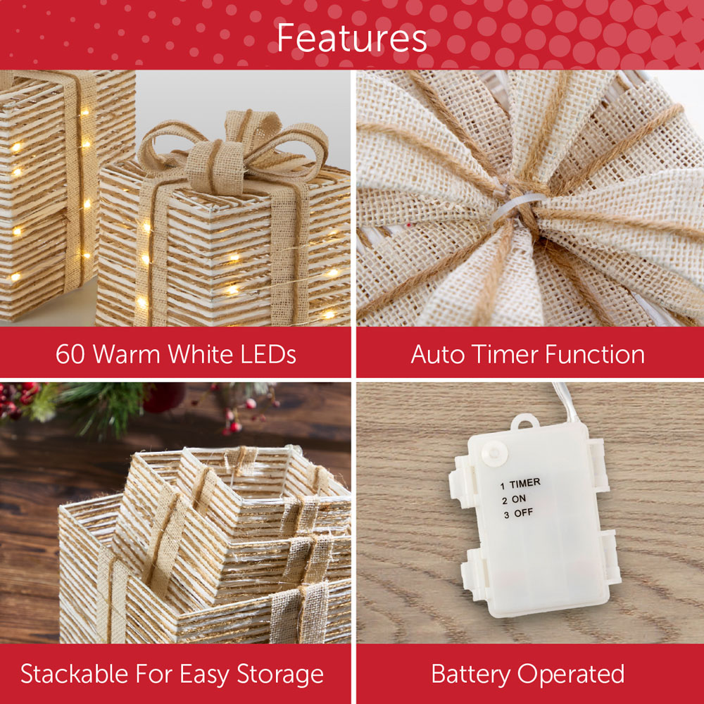 The Christmas Workshop 60 Warm White LED Natural Gift Box Decoration Set of 3 Image 8