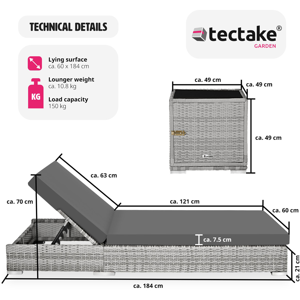tectake Set of 2 Light Grey Sun Lounger Image 8
