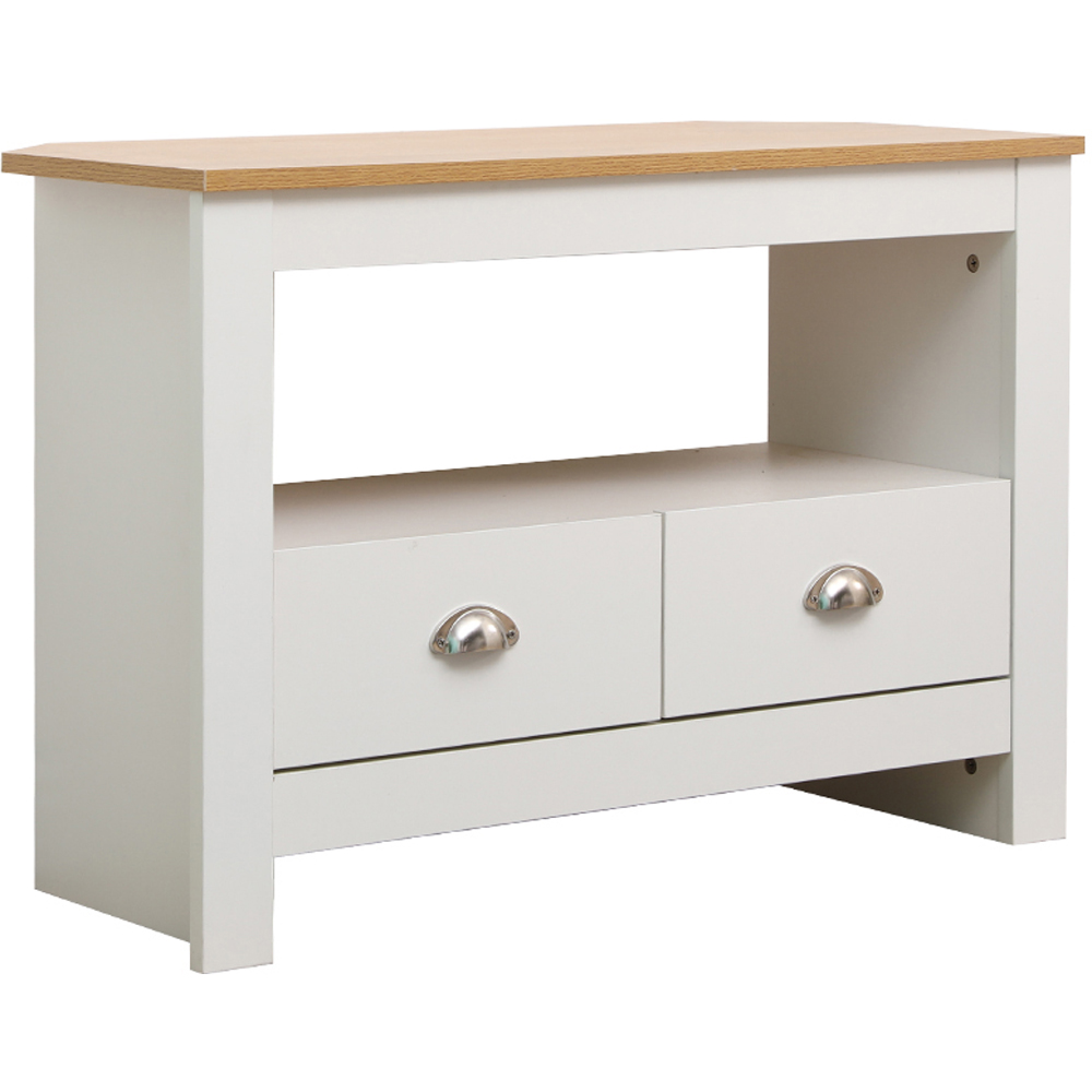 FurnitureHMD 2 Drawer Single Shelf White and Oak Effect Wooden Corner TV Unit Image 2
