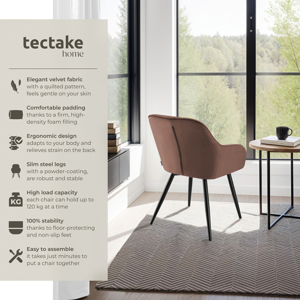 tectake Marilyn Set of 6 Brown and Black Quilted Velvet Dining Chair Image 3