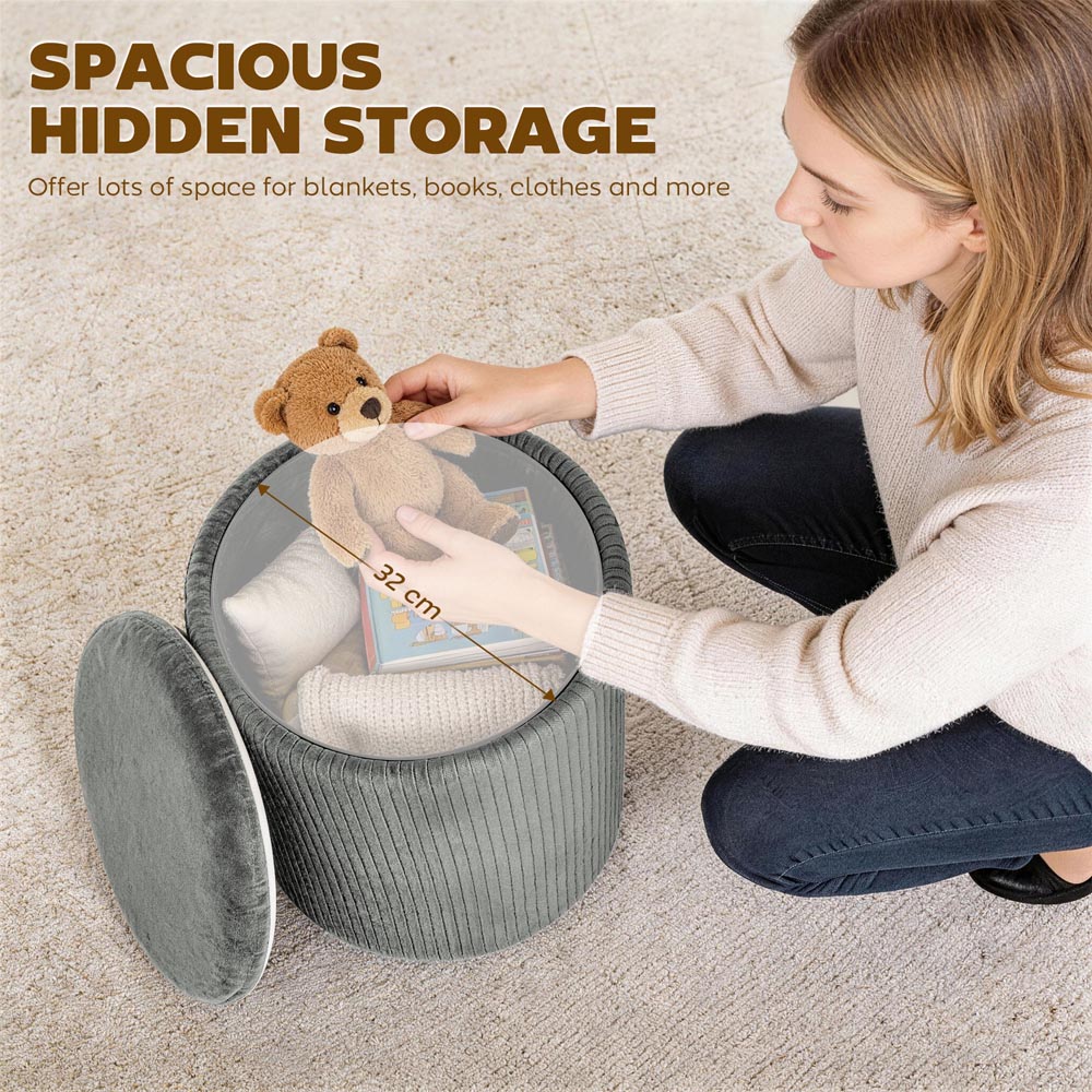 Portland Grey Round Storage Ottoman with Removable Top Image 6
