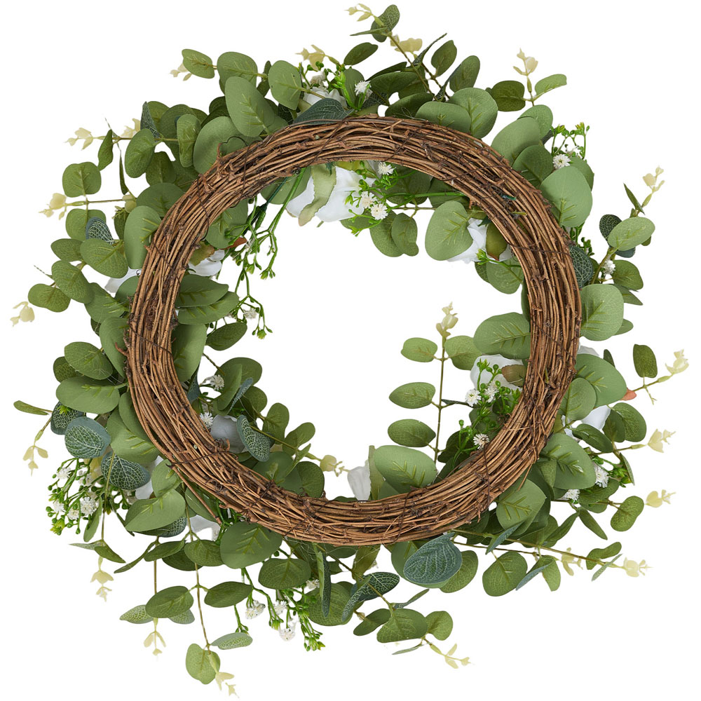 Living and Home Artificial White Rose and Eucalyptus Door Wreath 50cm Image 4