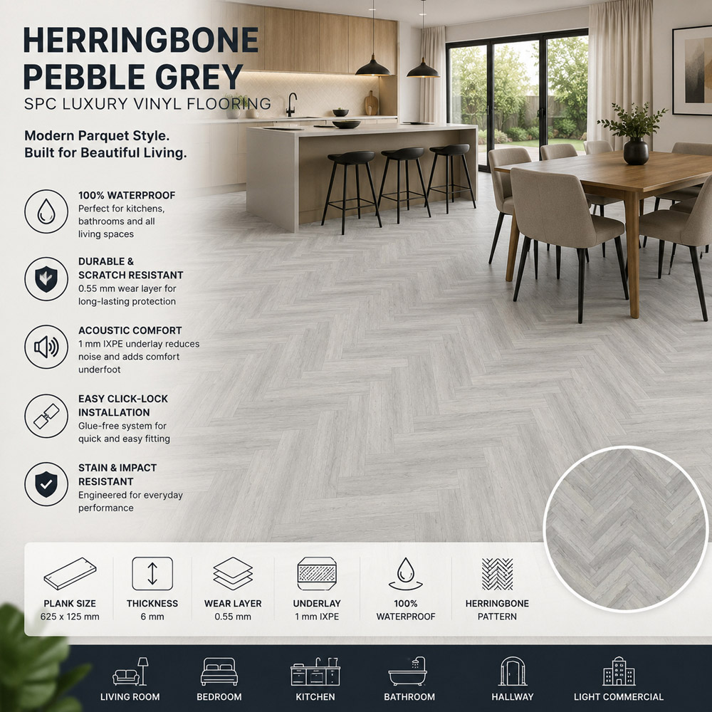 Britwall Pebble Grey Herringbone Wood-Embossed SPC Vinyl Flooring 625 x 125mm 20 Pack Image 4