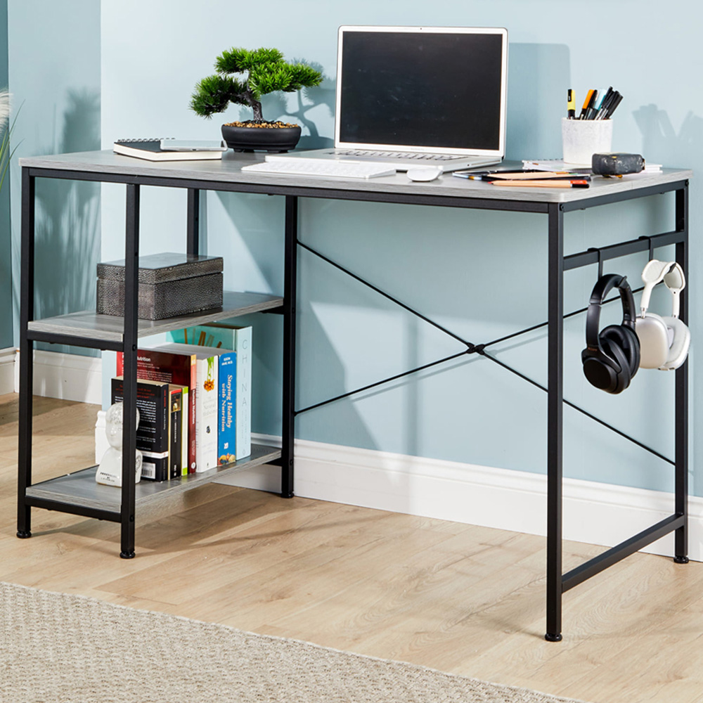 Home Source Stanton 2 Shelf Computer Desk with Hook Grey Image 1