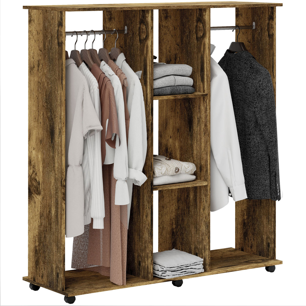 Portland 3 Shelf Rustic Brown Double Open Wardrobe with Hanging Rail Image 2