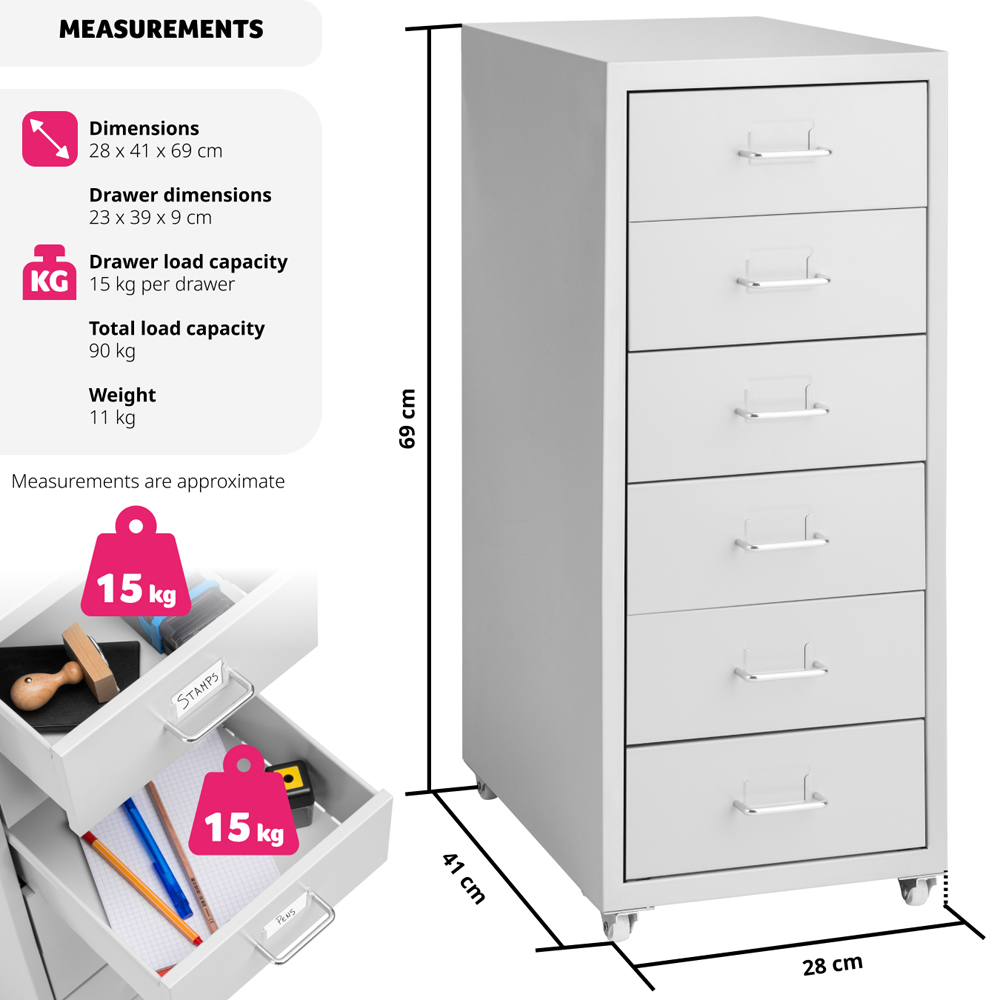tectake 6 Drawer Light Grey Steel Filing Cabinet Image 9