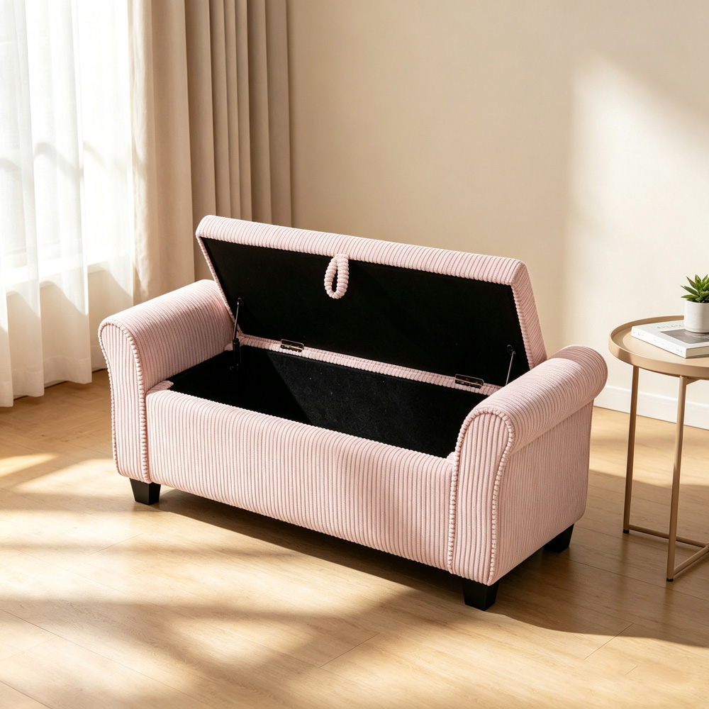 Living and Home Pink Corduroy Storage Bench with Lift-Up Lid Image 7