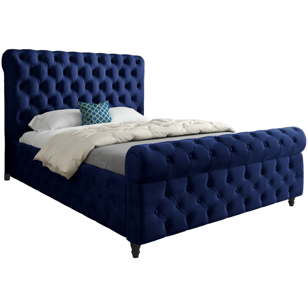 Savana King Size Blue Soft Velvet Upholstered Sleigh Bed Frame with Scrolled Headboard Image 2
