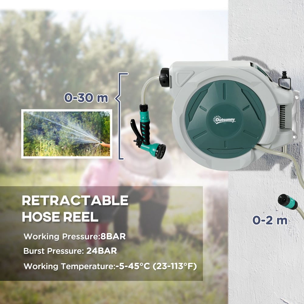 Outsunny 30m Grey Wall Mounted Retractable Hose Reel with Lock Image 4