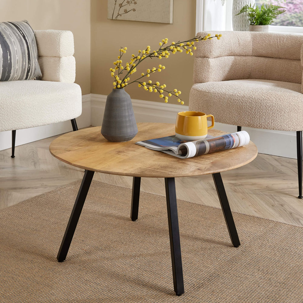 Home Source Caribou Natural Mango Wooden Top Round Coffee Table with Iron Legs Image 5