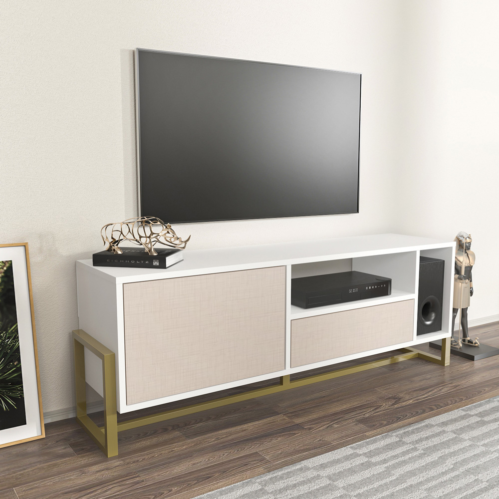 Decorotika Utopie Single Drawer Single Door 2 Shelf White and Beige TV Unit Image 7