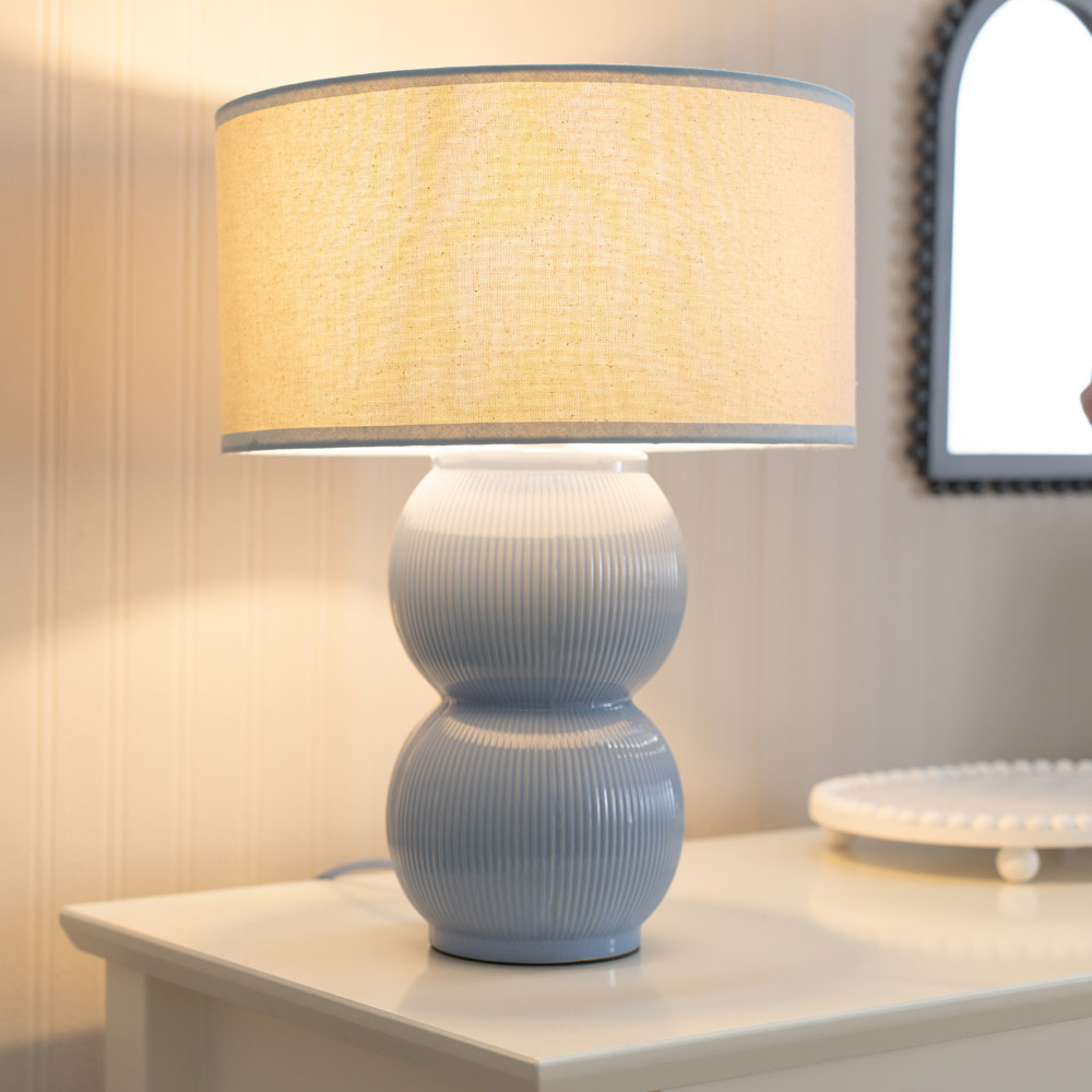 ValueLights Gemma Linen with Blue Trim Shade Stacked Ribbed Blue Glazed Table Lamp with Bulb Image 2