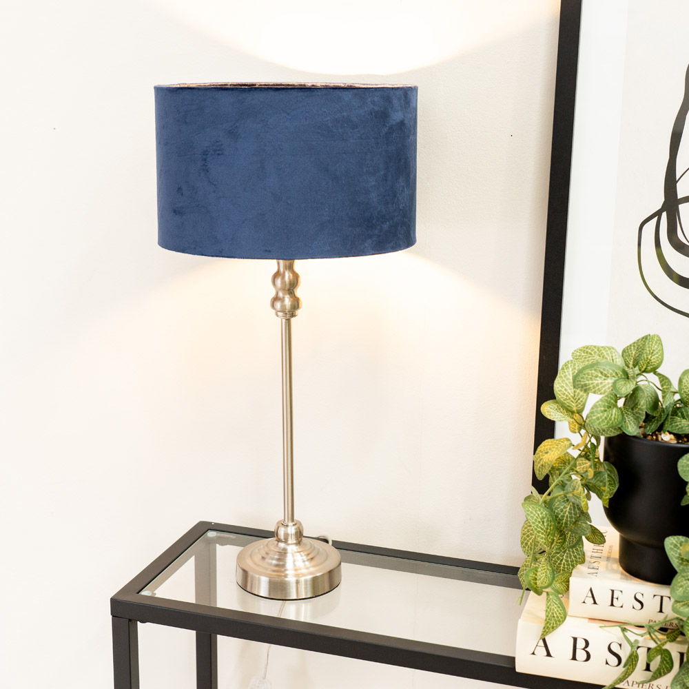 ValueLights Maggie Navy Blue Velvet and Brushed Chrome Drum Shade Candlestick LED Table Lamp Image 2
