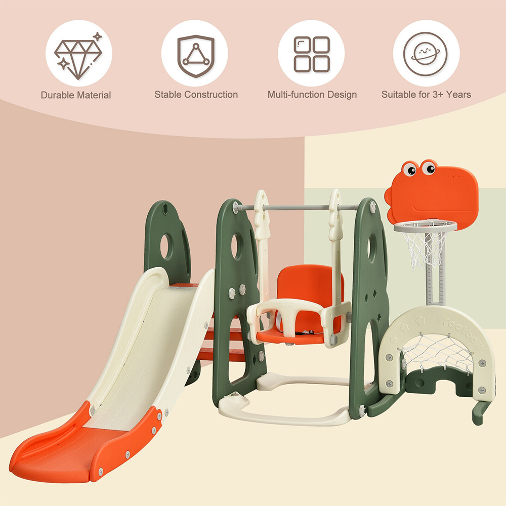 Costway Kids Orange 6 in 1 Slide and Swing Set with Adjustable Basketball Hoop Image 4