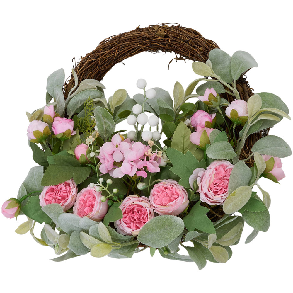 Living and Home Artificial Pink Peony Door Wreath 40cm Image 3