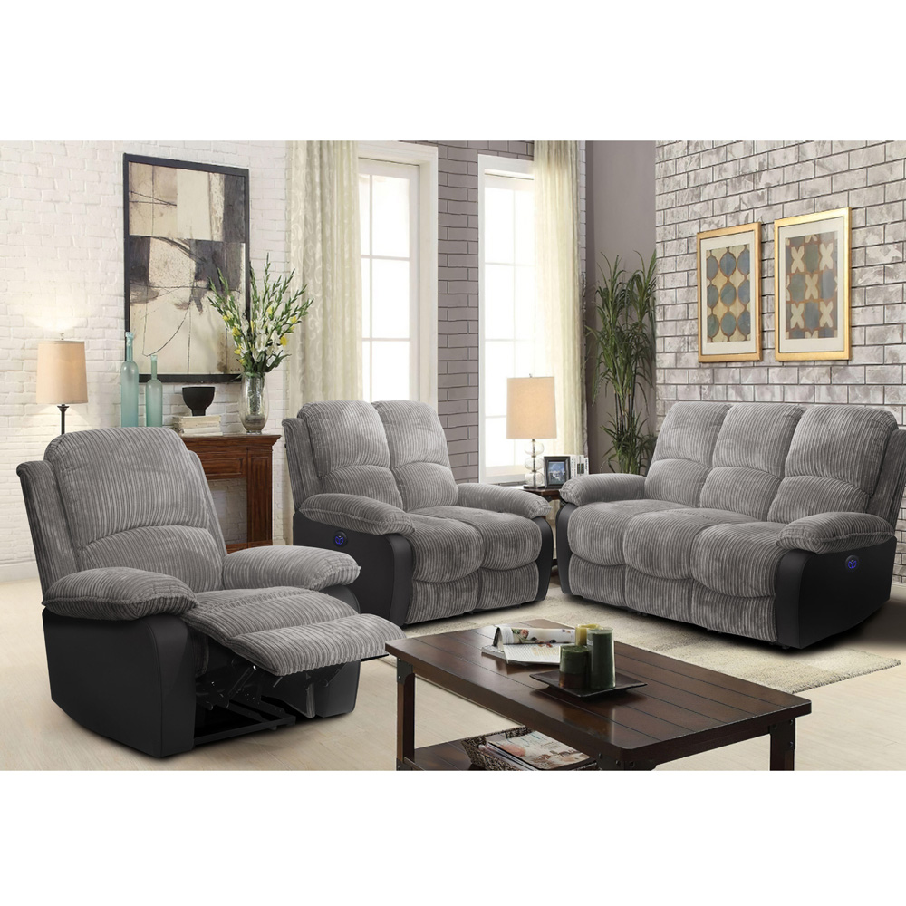 Comfy Living 5 Seater Grey Cord Fabric Electric Recliner Sofa Set Image 7