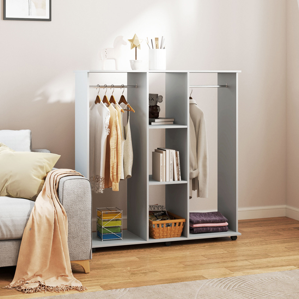 Portland 3 Shelf Grey Double Open Wardrobe with Hanging Rail Image 4