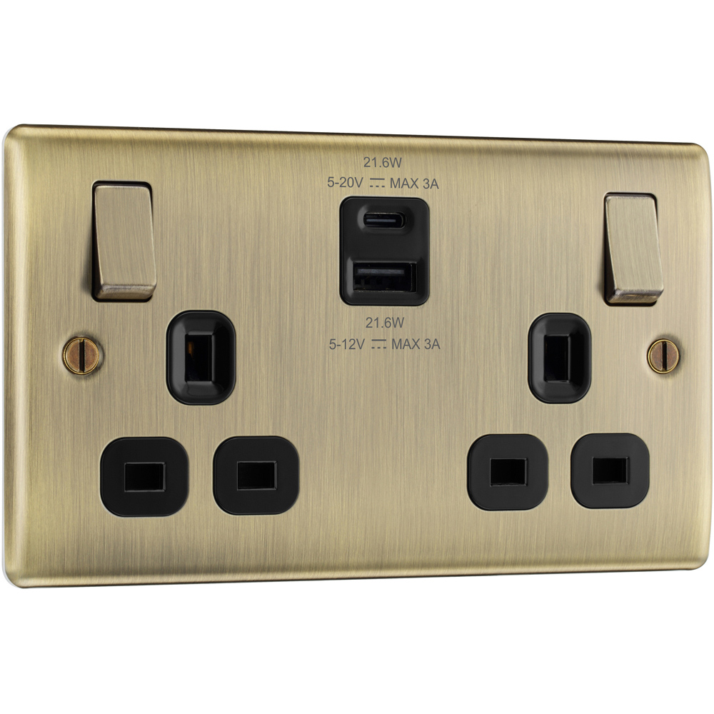 BG Nexus 13A Antique Brass Double Switched Socket with USB A and C Image 1