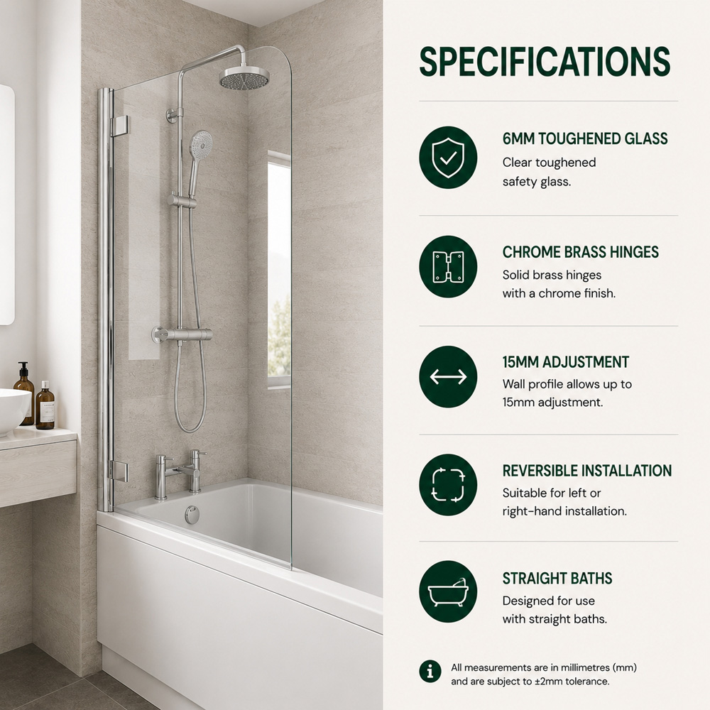 Go Bathrooms Jude Chrome Single Pivot Bath Shower Screen 600mm Image 3