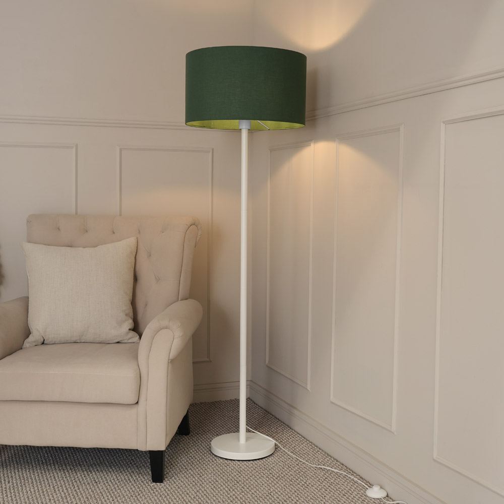 ValueLights Charlie Forest Green Drum Shade White Single Stem LED Floor Lamp Image 2
