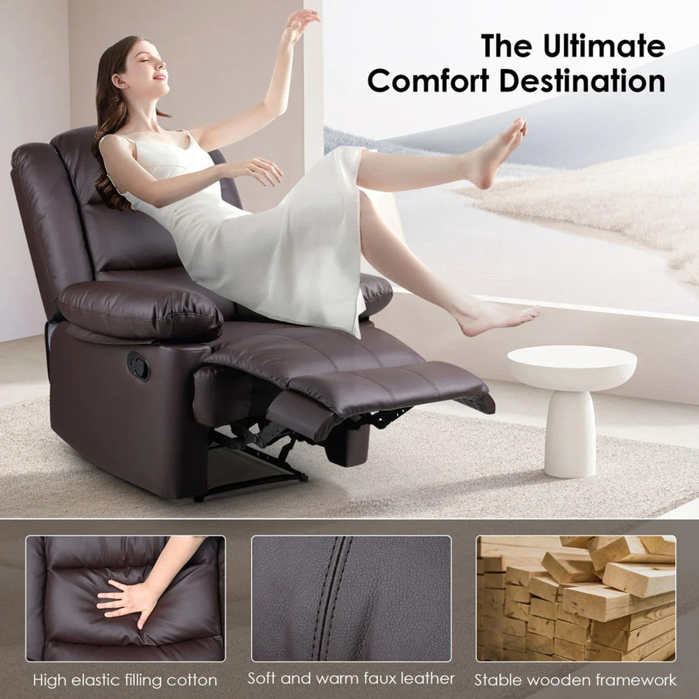 Rattrix Brown PU Leather Manual Reclining Chair with Padded Backrest and Retractable Footrest Image 4