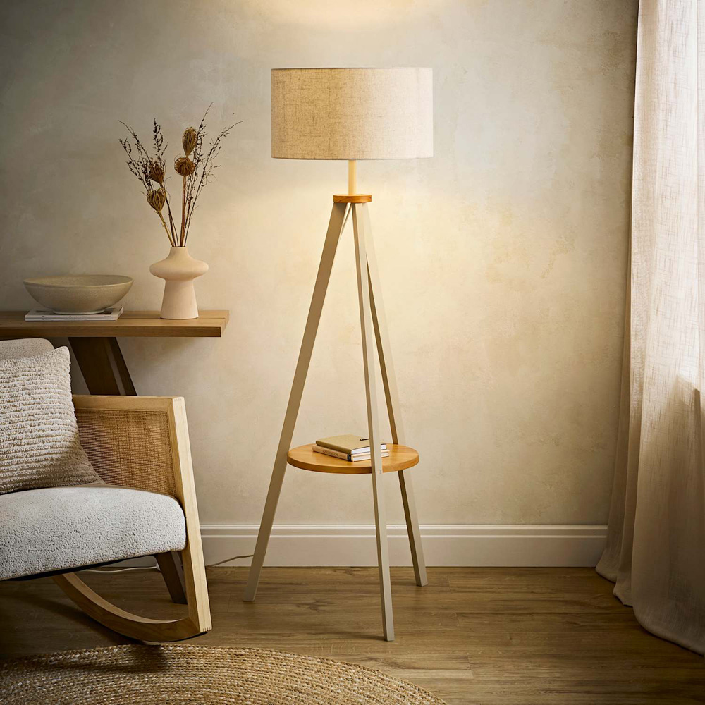 ValueLights Morrigan Cream Tripod Floor Lamp with Linen Fabric Drum Shade and Bulb Image 5