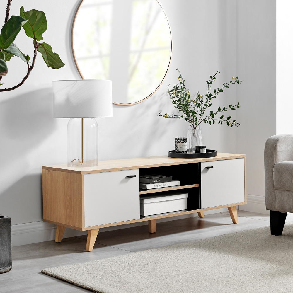 Furniturebox Billet 2 Door 2 Shelf Off White and Wood Effect TV Unit Image 7