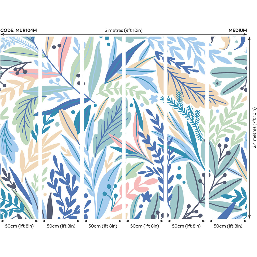 Origin Murals Patterned Leaves Blue Wall Mural Image 4