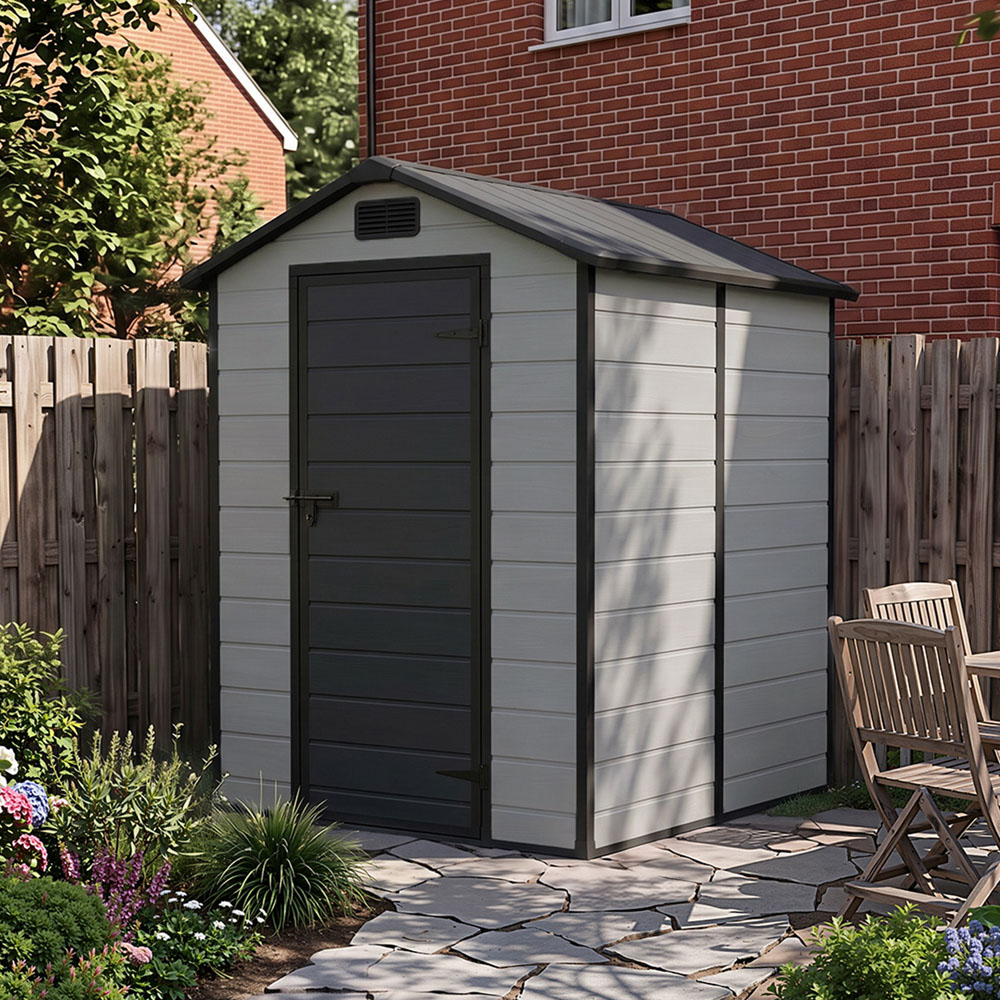 Living and Home 4 x 6ft Smokey Grey and Black Wood Grain Plastic Garden Storage Shed with Floor Image 8