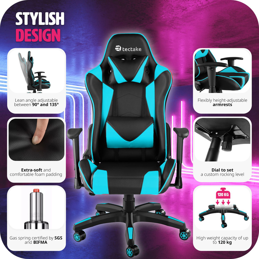 tectake Stealth Black and Azure Gaming Chair Image 7