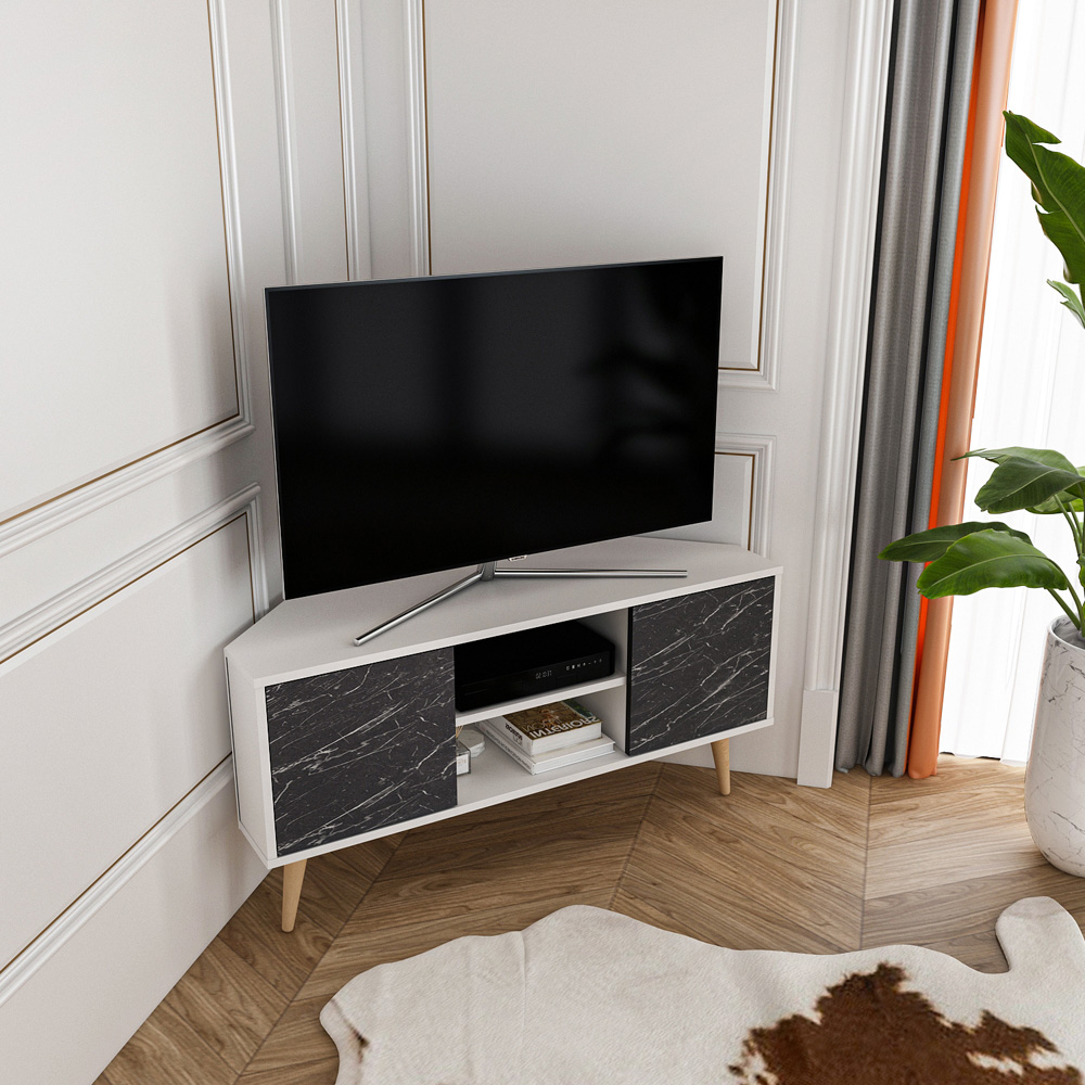 Decorotika Lesson 2 Door 2 Shelf White and Black Marble Effect Corner TV Stand Image 7