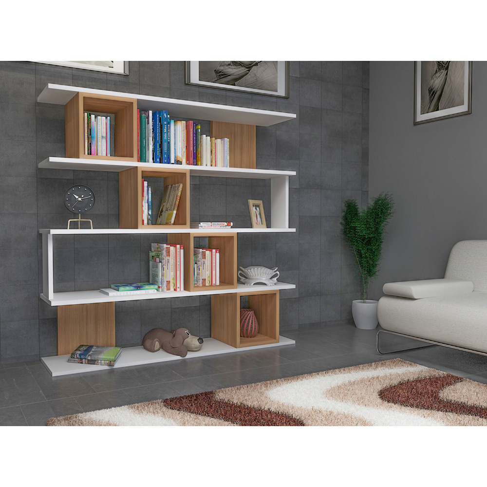 Decorotika Wind 5 Shelf 4 Cube White and Walnut Geometric Bookcase Image 3