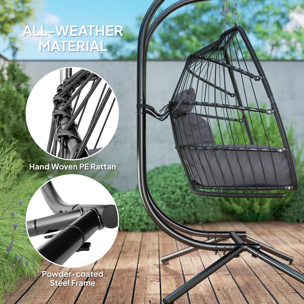 Outsunny 2 Seater Dark Grey Rattan Hanging Egg Chair with Stand and Cushion Image 5