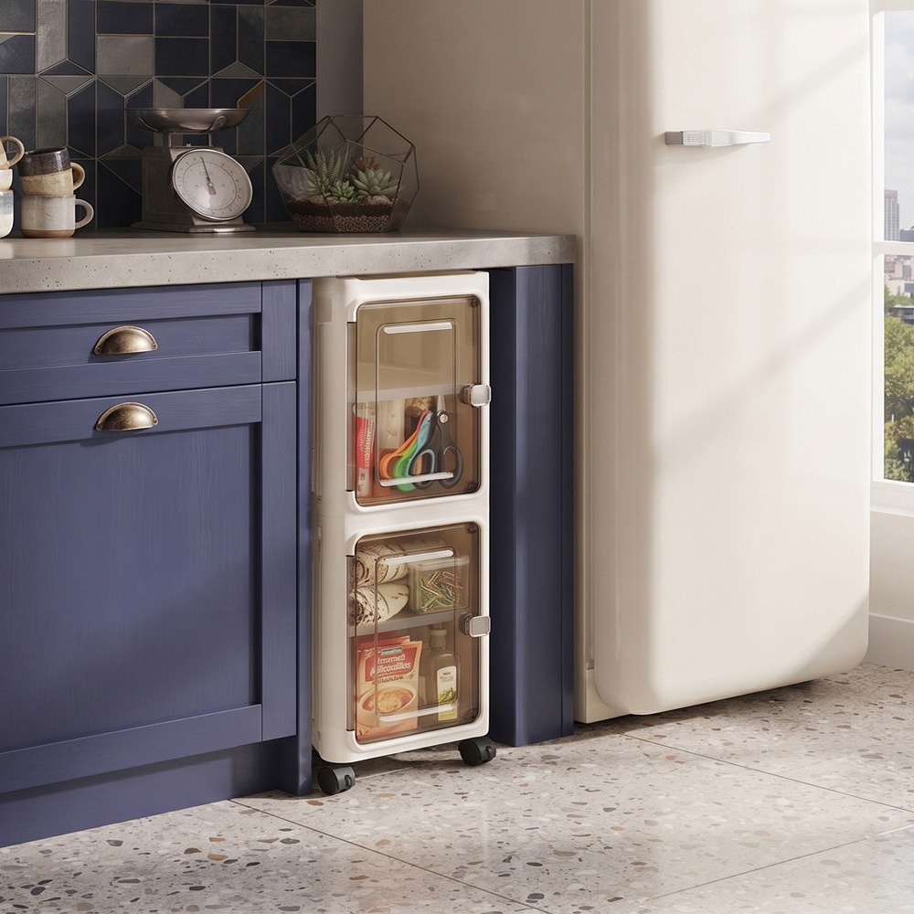 Living and Home 2-Tier White Slim Storage Cabinet with Wheels Image 2