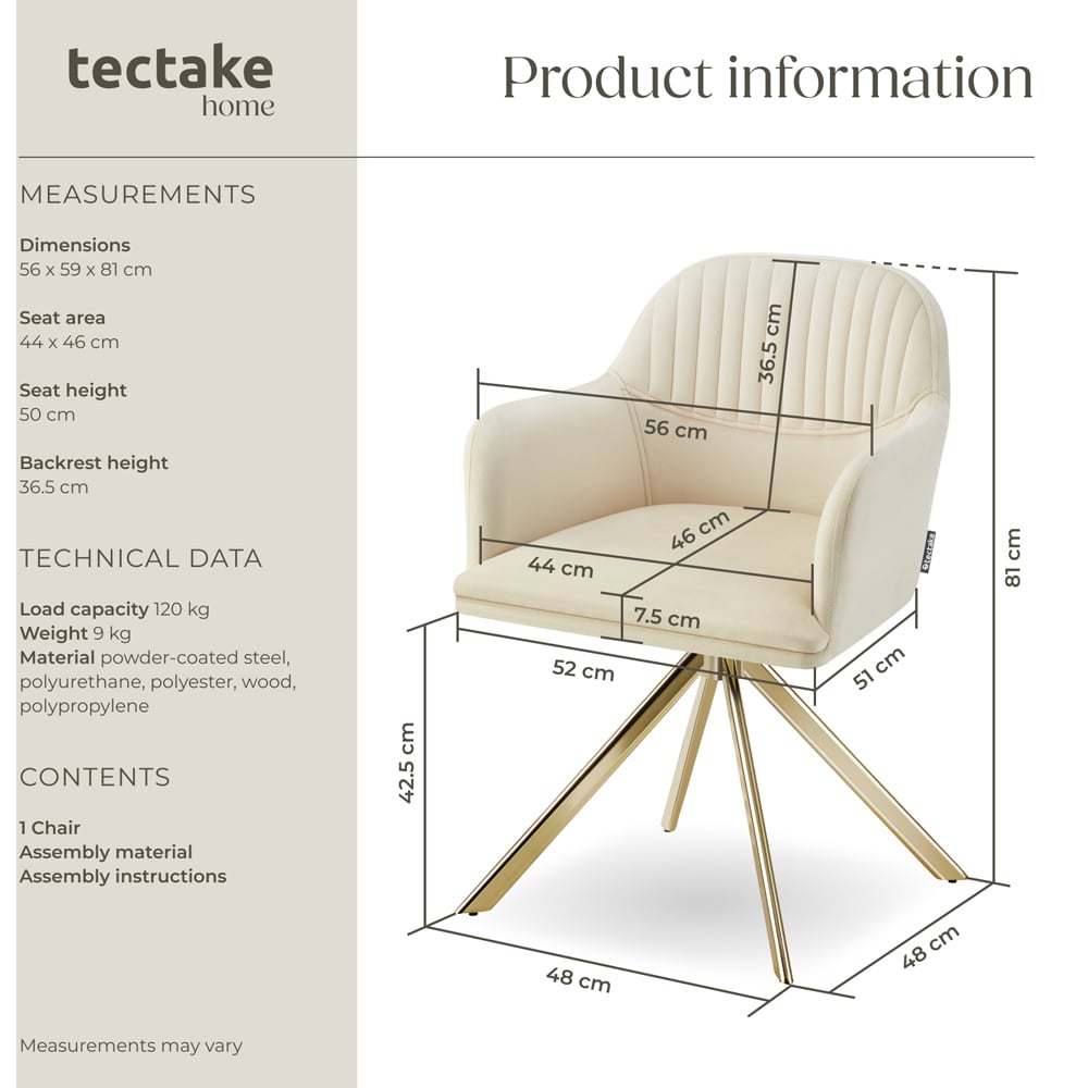 tectake Lona Cream and Gold Velvet Fabric Swivel Accent Chair Image 9