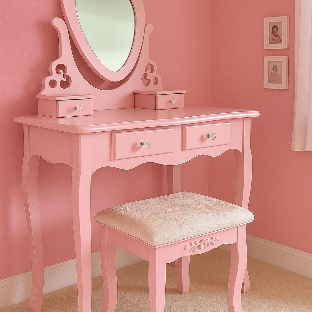Portland 4 Drawer Pink Dressing Table Set with Mirror Image 3