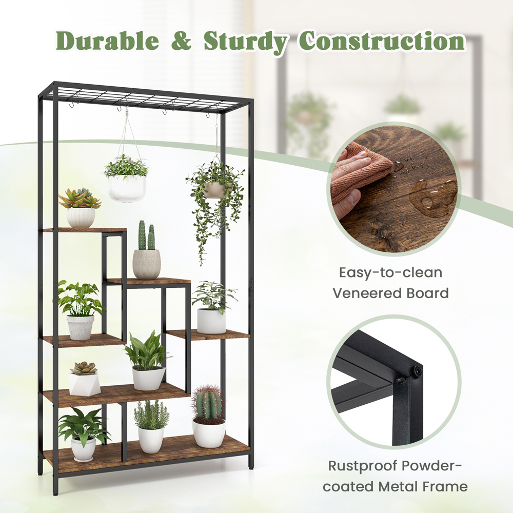 Costway 6 Tier Rustic Brown Plant Stand with Hanging Hooks Image 5