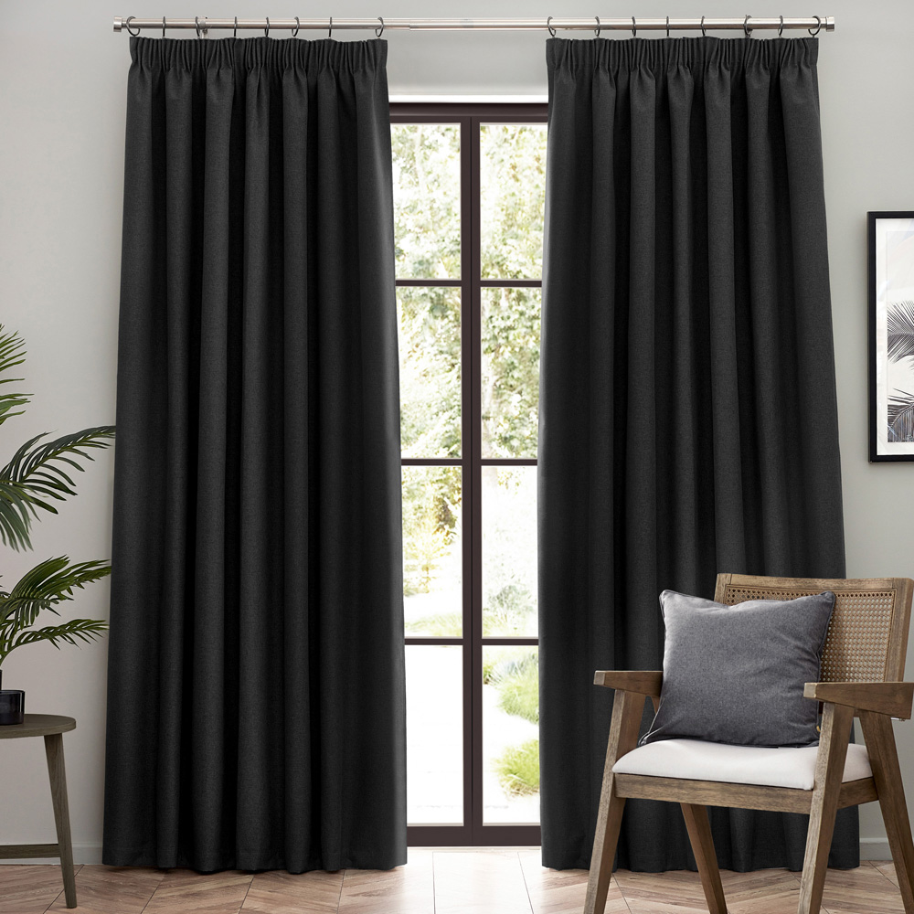 furn. Dawn Black Blackout Pencil Pleat Curtains 229 x 137cm Image 1