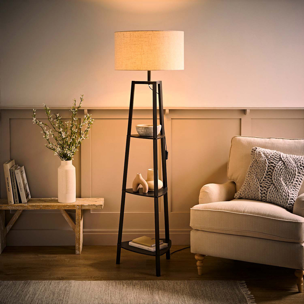 ValueLights Hiru 3 Shelf Linen Drum Shade Black Wooden Floor Lamp with Bulb Image 2