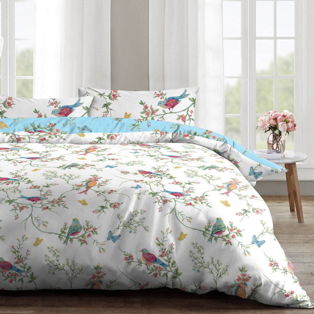 Velosso EasyCare Super King Size Green Birds Floral Reversible Duvet Set Image 2