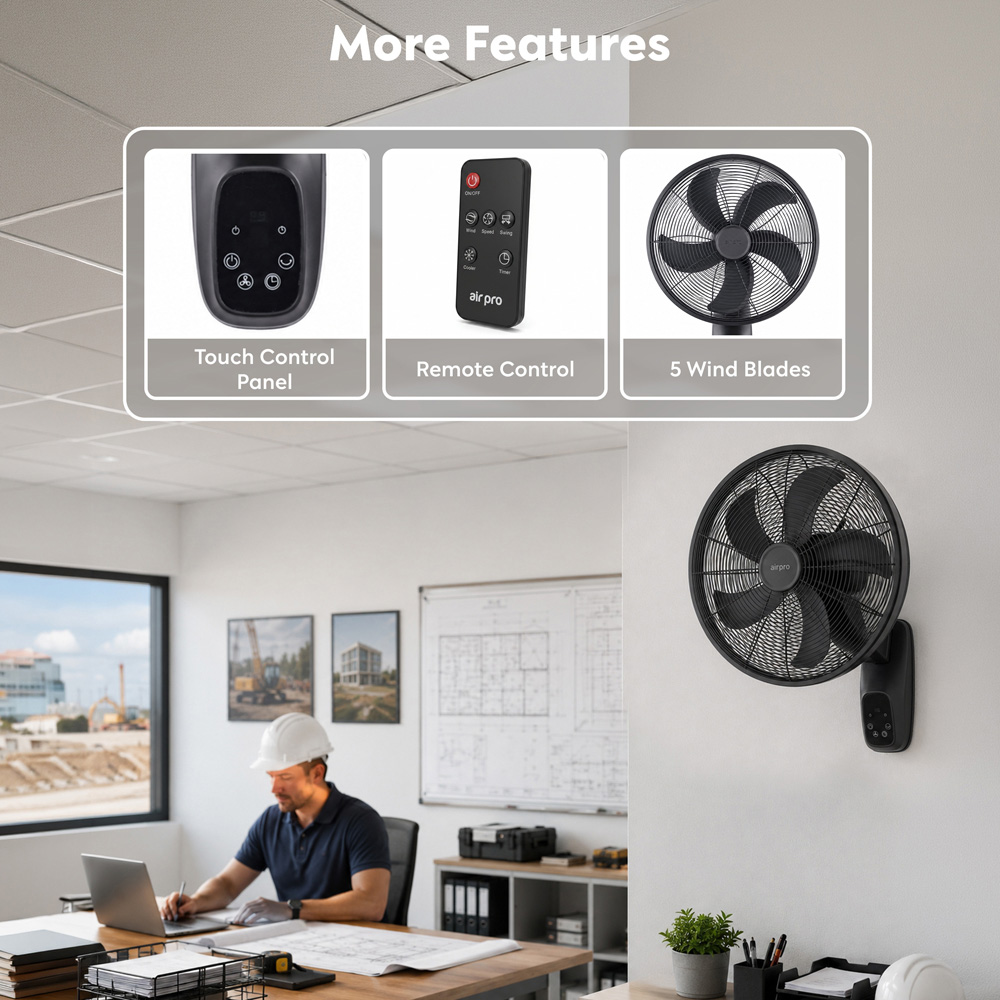 Air Pro Black Adjustable Wall Mounted Electric Fan with Remote 16 inch Image 7
