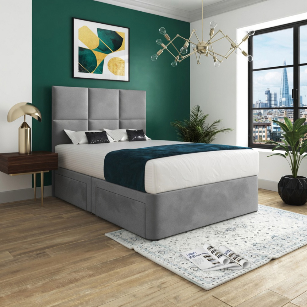 Caprio Grey Double Upholstered Divan Bed Frame with Floorstanding Cube Headboard Image 5