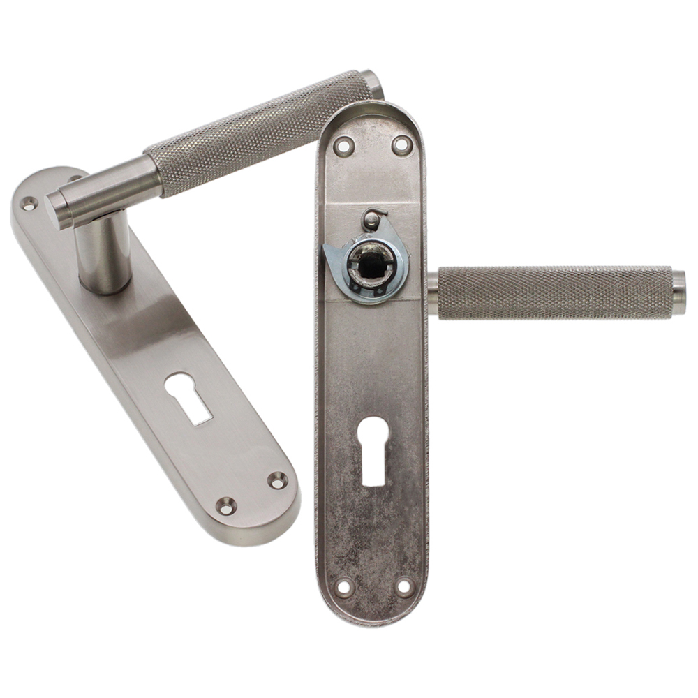 Spira Brass Connaught Satin Nickel Knurled Lever Door Handle with Lock Backplate 2 Pack Image 3