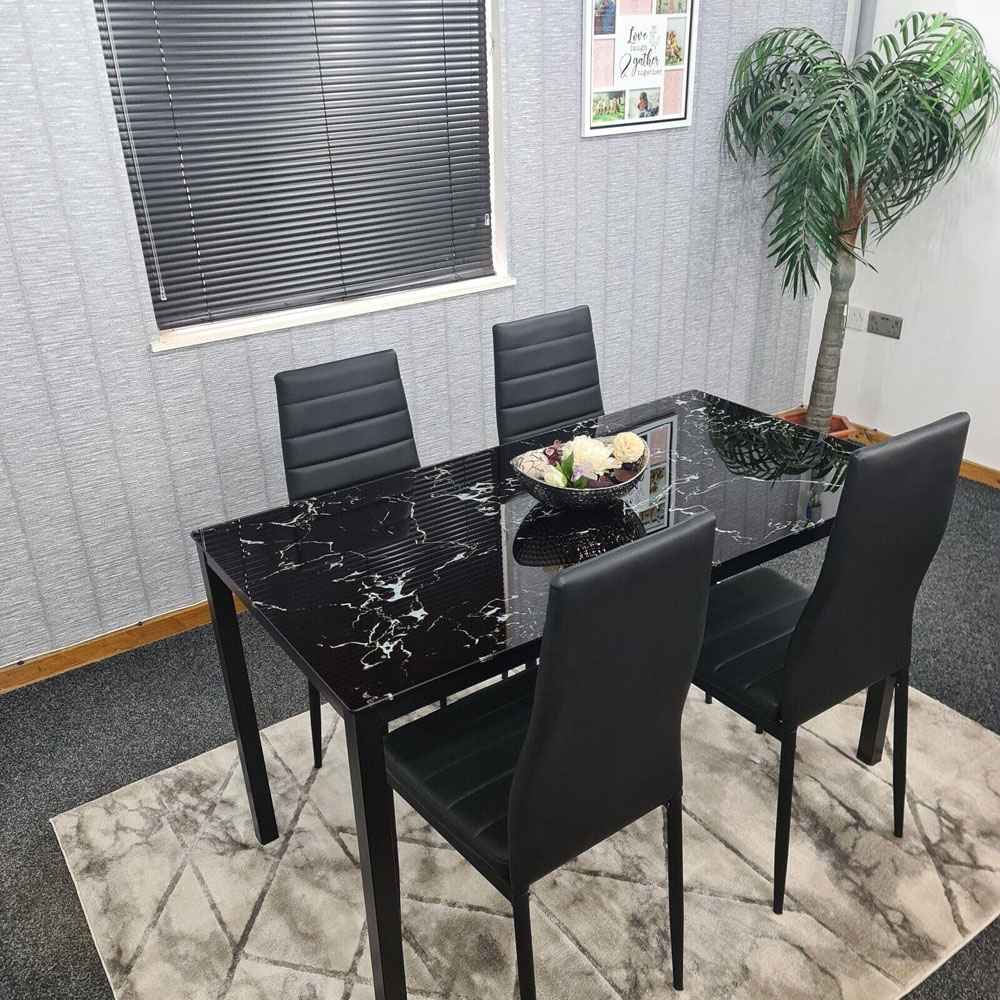 Portland 4 Seater Faux Leather Marble Effect Tabletop Dining Set Black Image 5