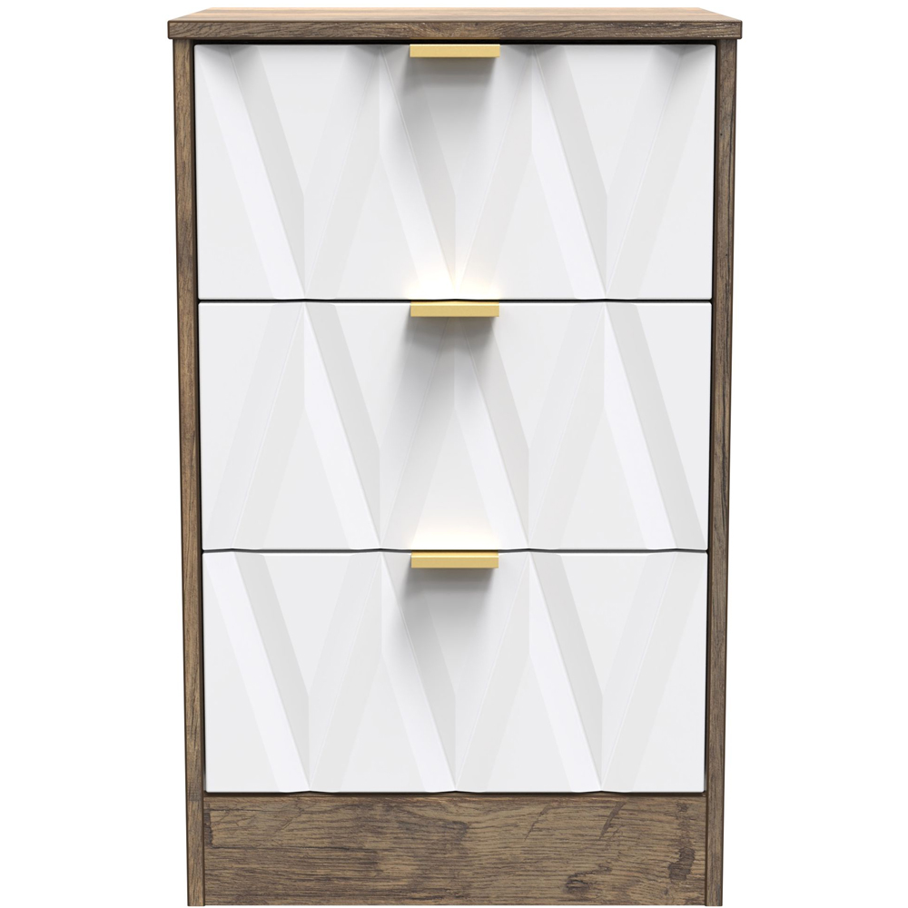 Crowndale Las Vegas 3 Drawer Matt White and Vintage Oak Bedside Table Ready Assembled Image 3
