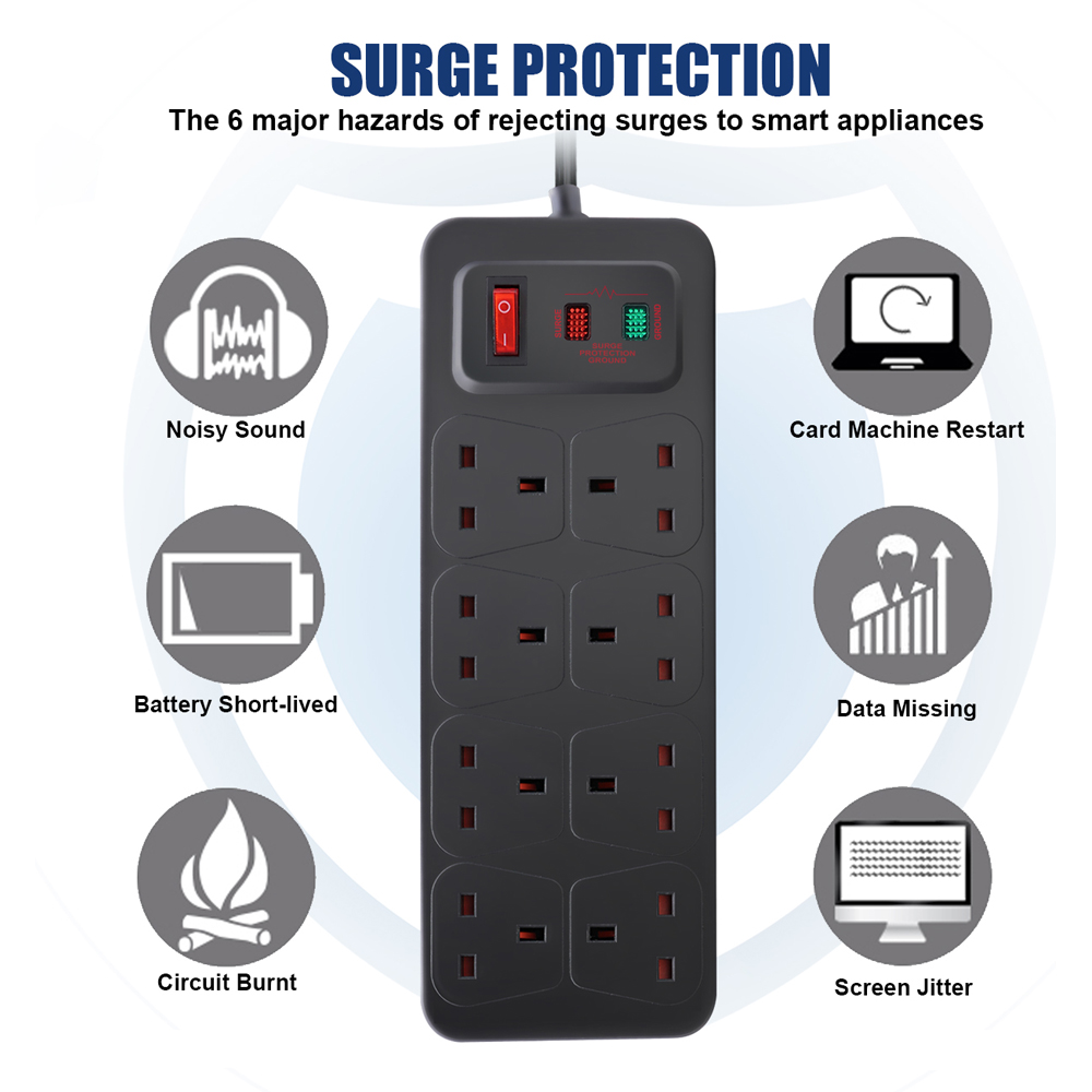 ExtraStar 8 Gang 13A Black Switched Surge-Protected Extension Lead 5m Image 3