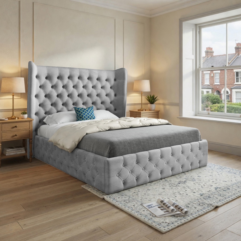 Florence Grey Small Double Velvet Upholstered Bed Frame with Wide Winged Chesterfield Headboard Image 5