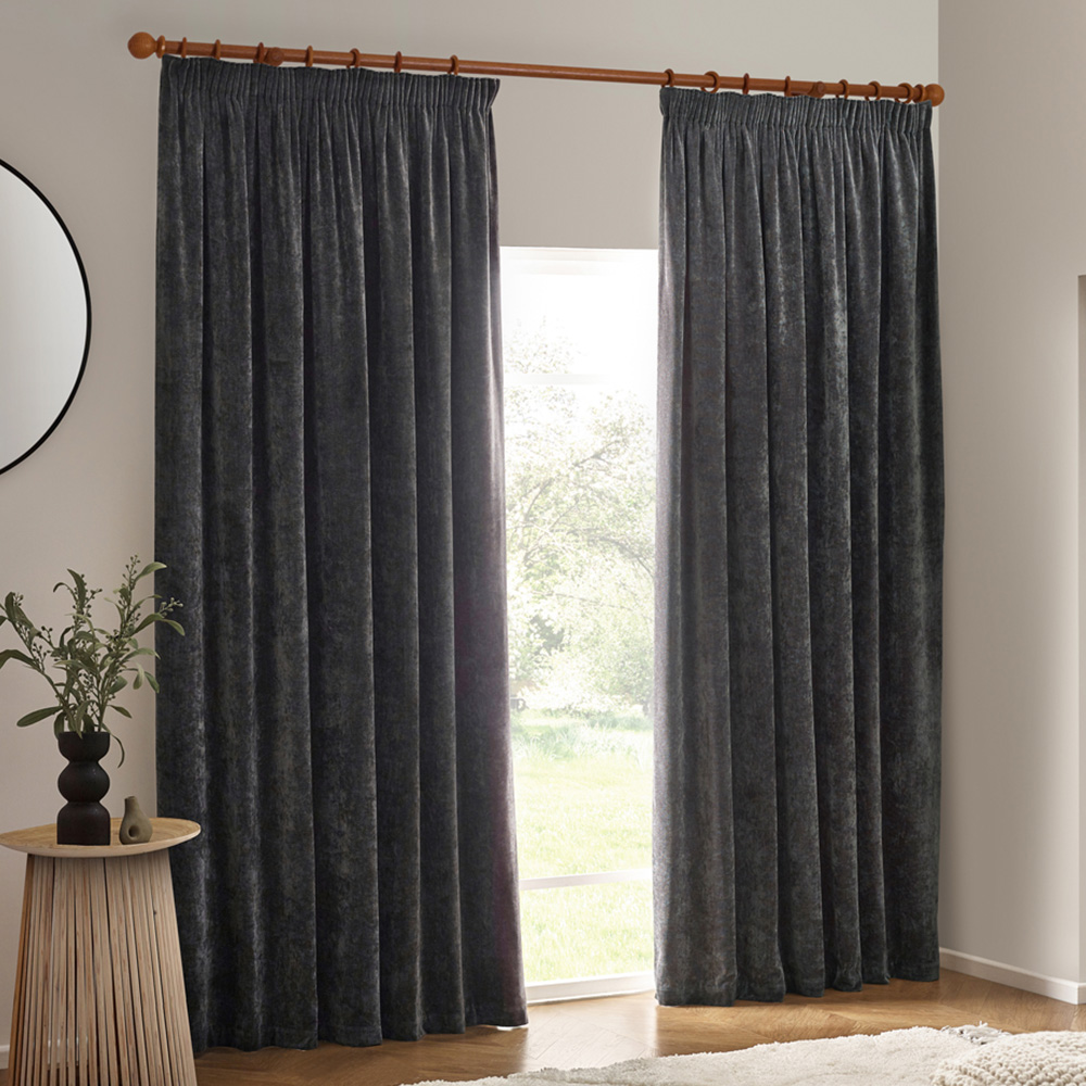Yard Heavy Charcoal Chenille Velvet Pencil Pleat Curtains 168 x 229cm Image 1